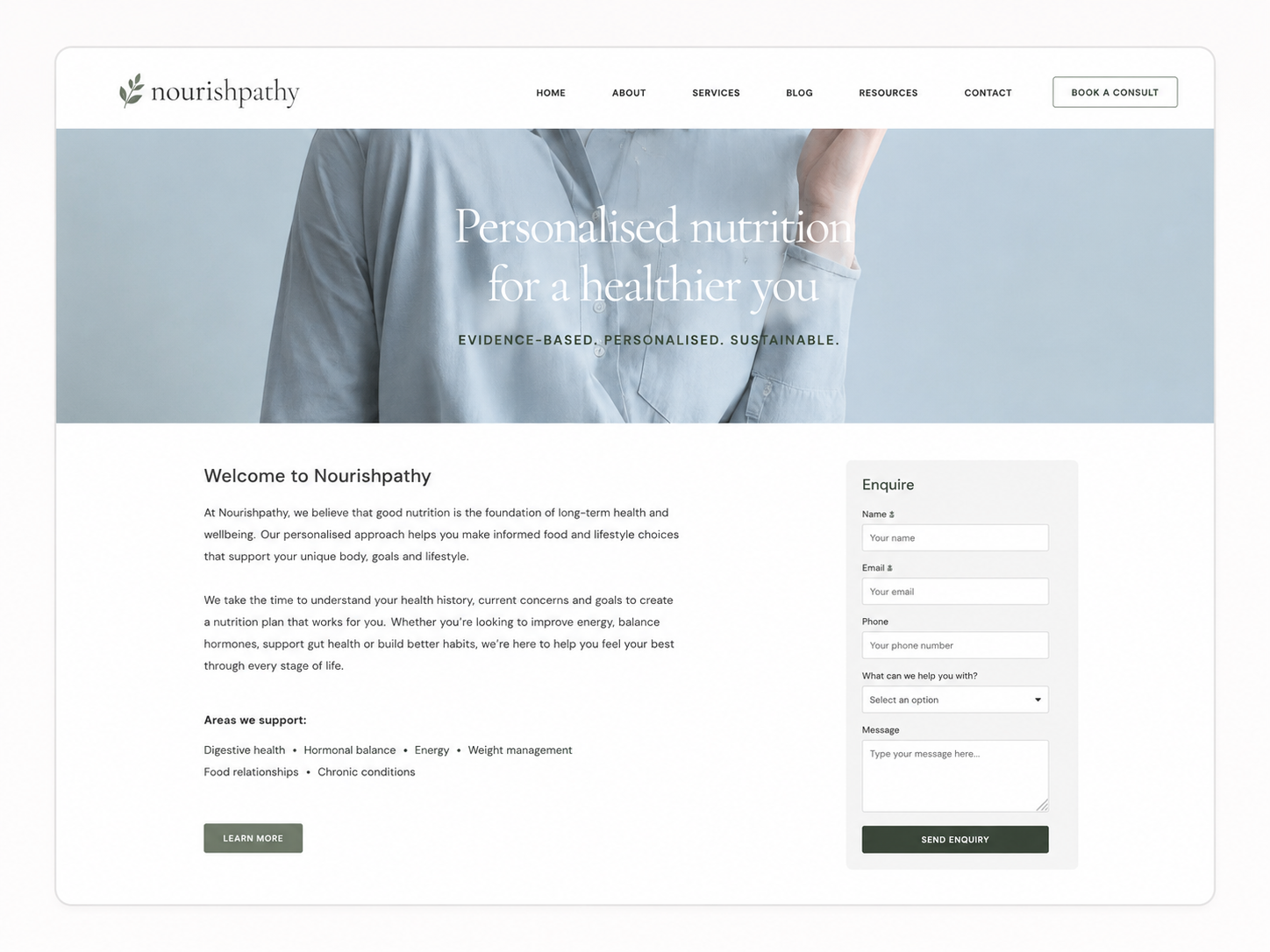 Nourishpathy practitioner website before the Make It Media redesign